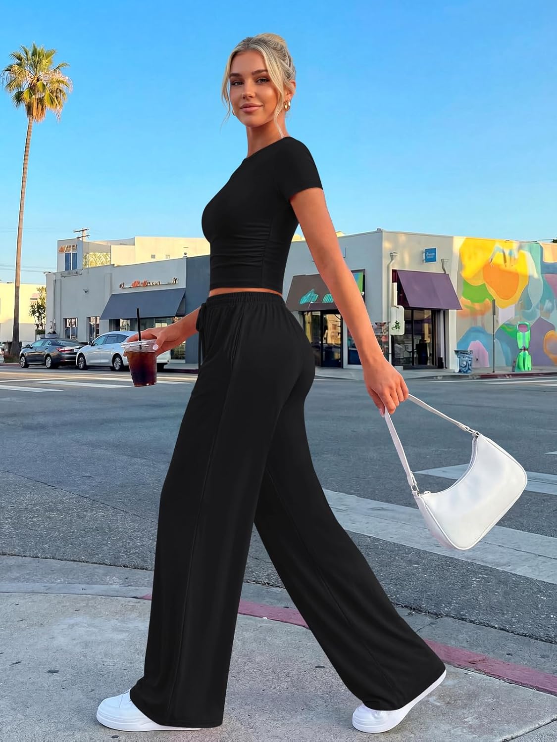 Ensemble Femme Deux Pièces Haut Froncé Et Pantalon Large