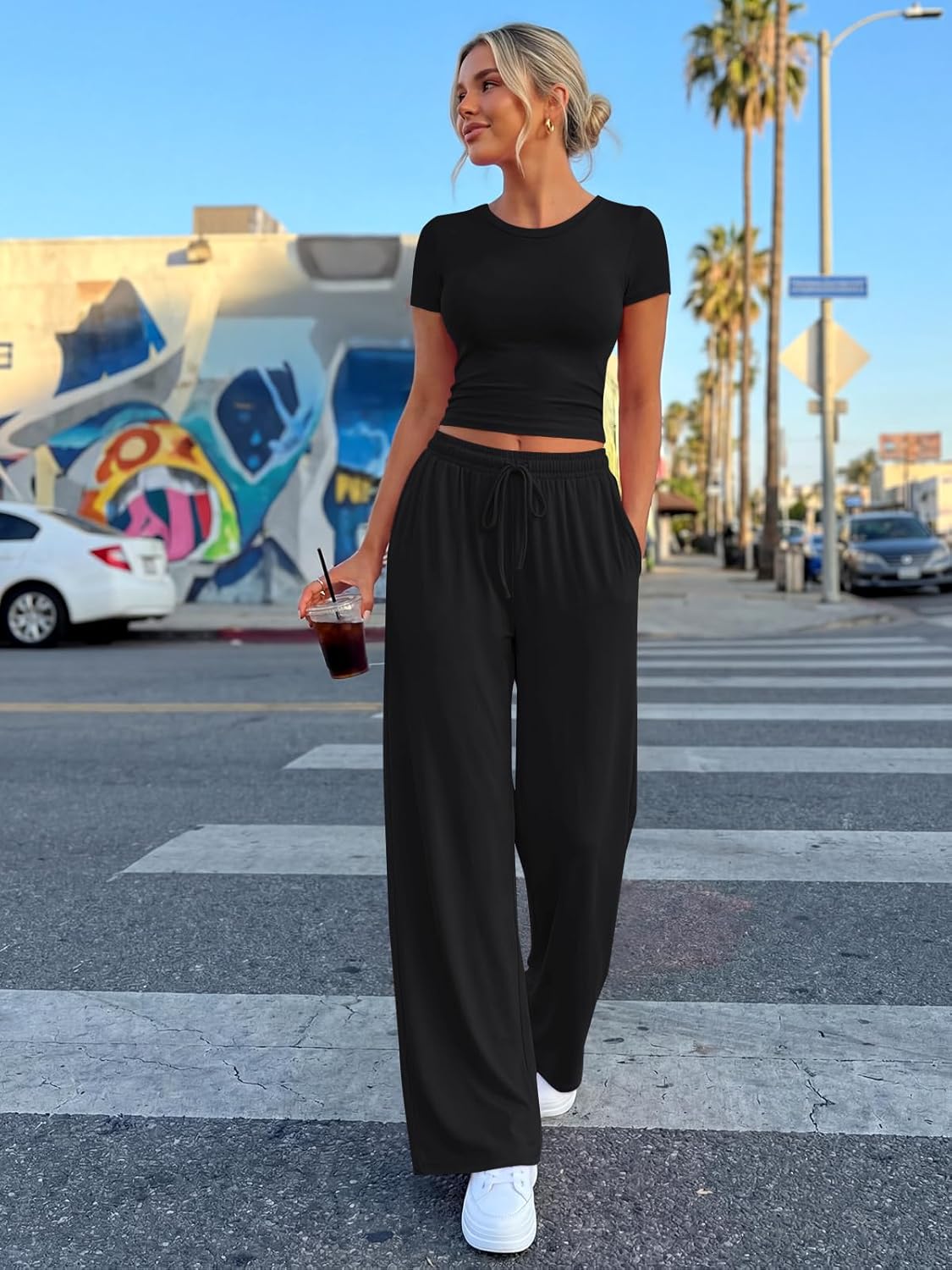 Ensemble Femme Deux Pièces Haut Froncé Et Pantalon Large