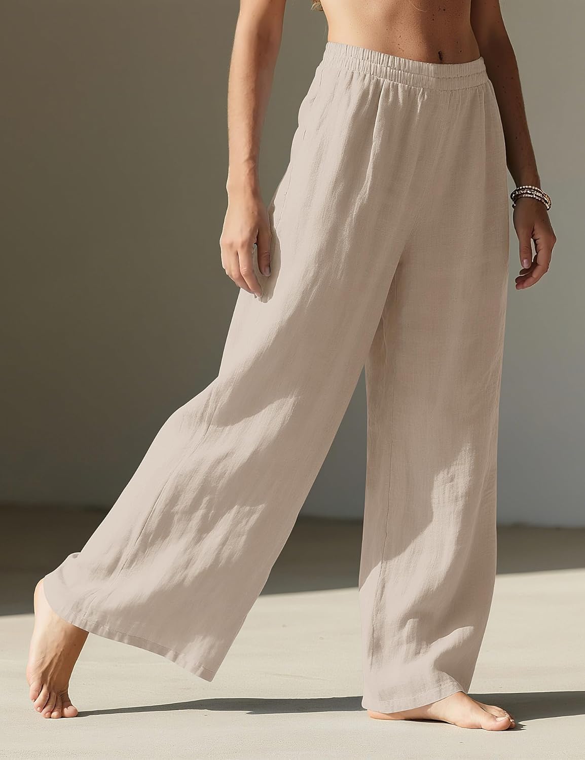 Pantalon Large Femme En Lin Et Coton Taille Élastique