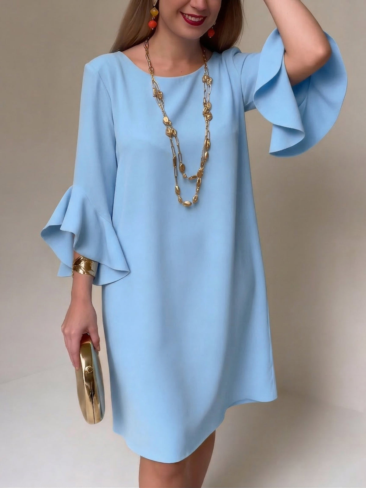 Robe Fluide Femme Courte À Manches Volantées Et Col Rond