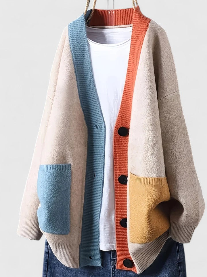 Cardigan oversize à poches plaquées et bordures contrastées pour femme