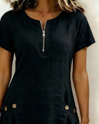 Robe courte coupe A-line en coton et lin à fermeture zippée pour femme