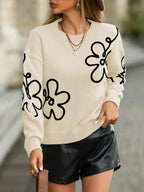 Pull Femme À Broderie Florale Col Rond En Maille Douce