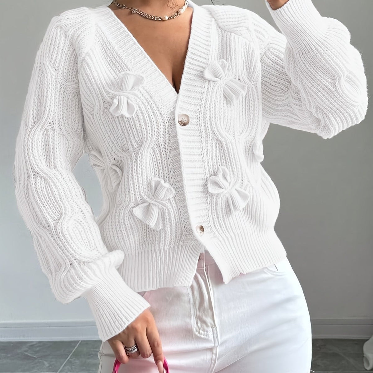 Cardigan boutonné à nœuds délicats pour femme