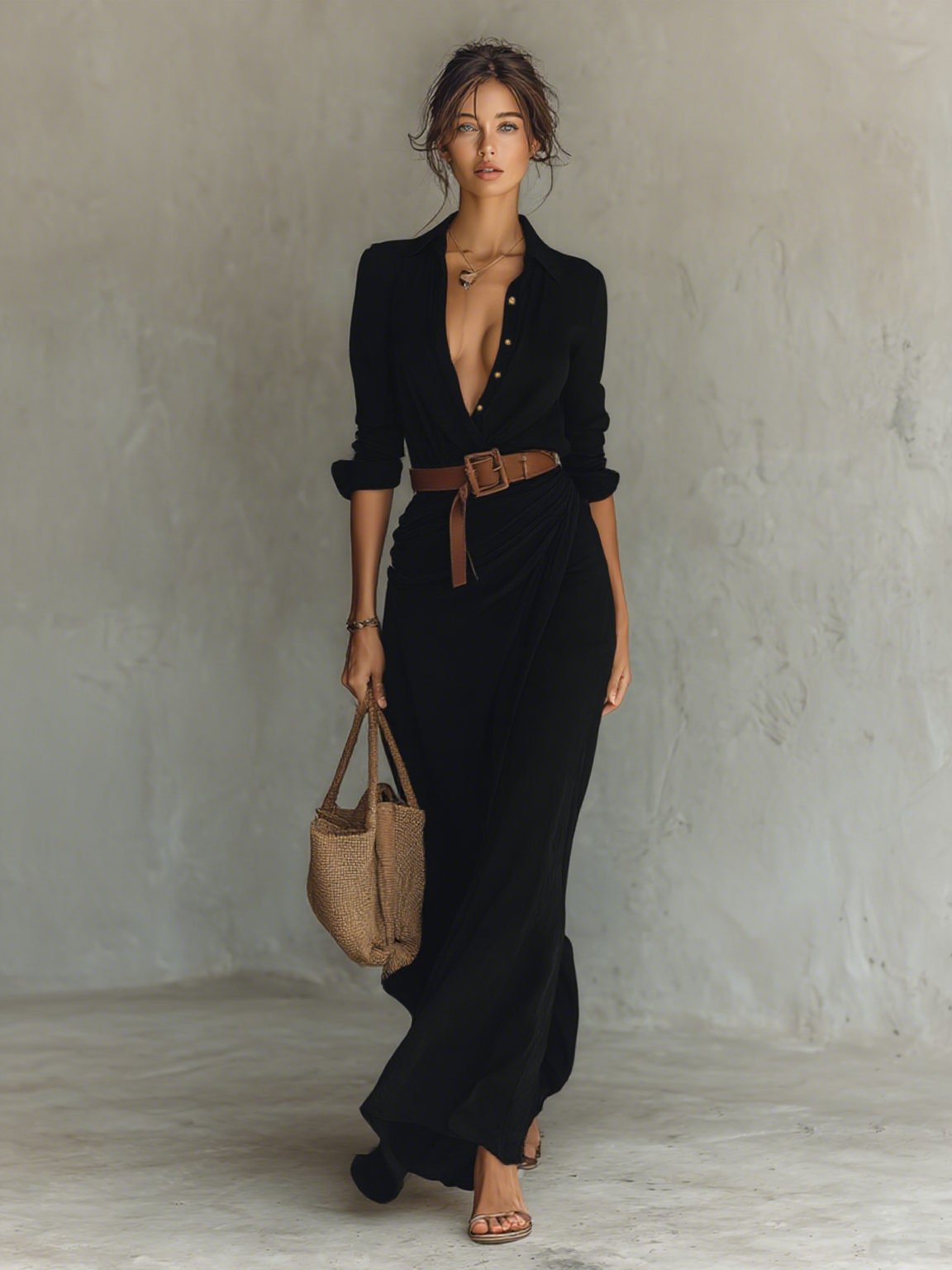 Robe Longue Femme Fluide En Polyester Col À Revers