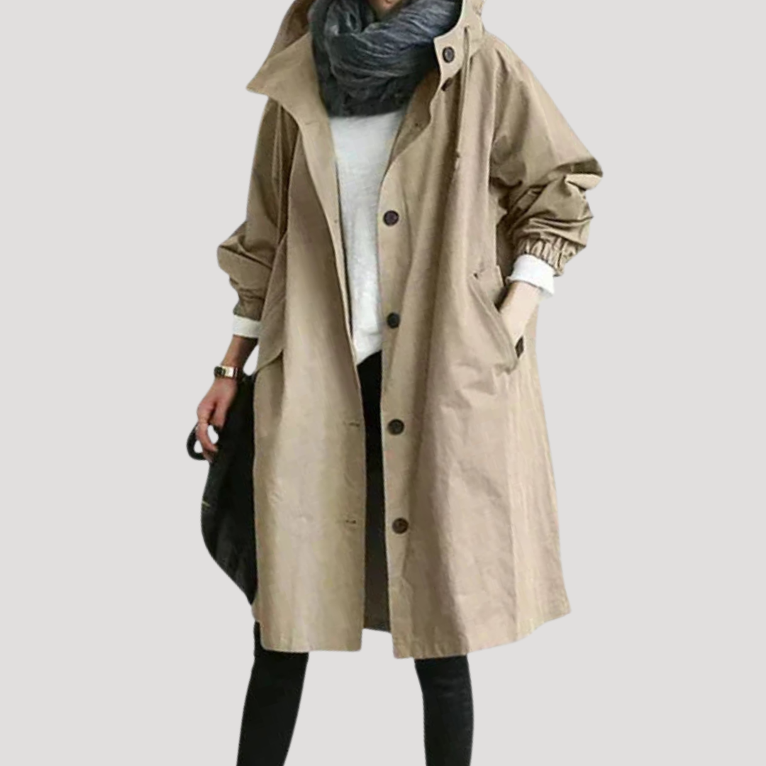 Manteau Long Femme Boutonné À Capuche Ajustable