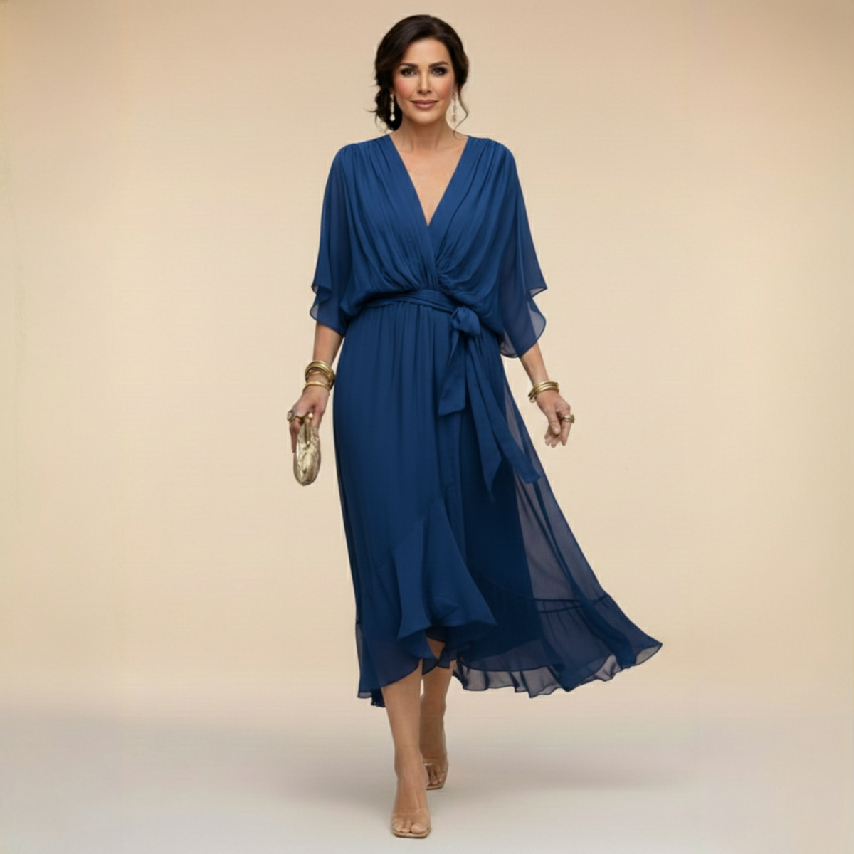Robe en chiffon fluide col V ceinturée pour femme