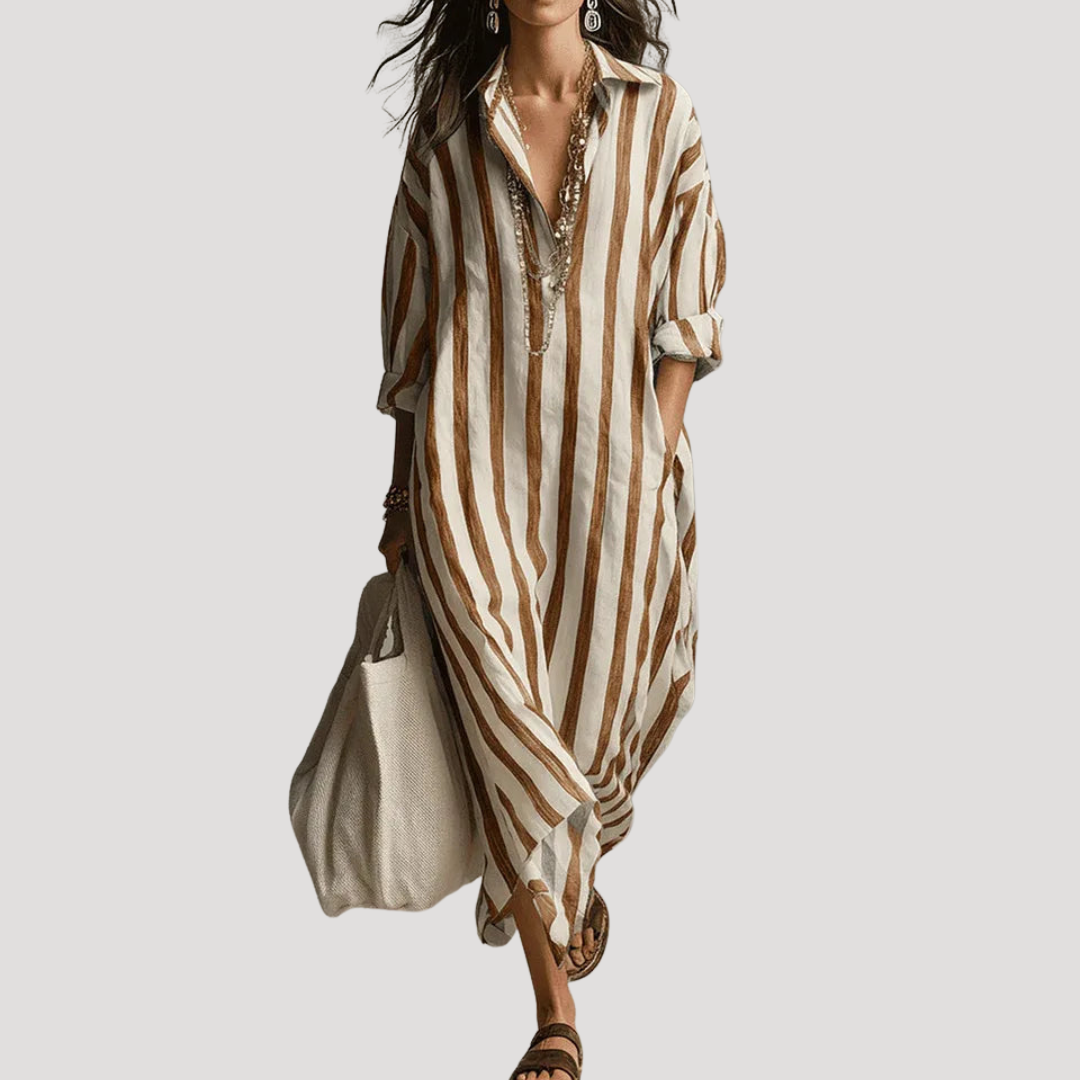 Robe Chemise Femme Longue En Lin Rayé À Manches Retroussables