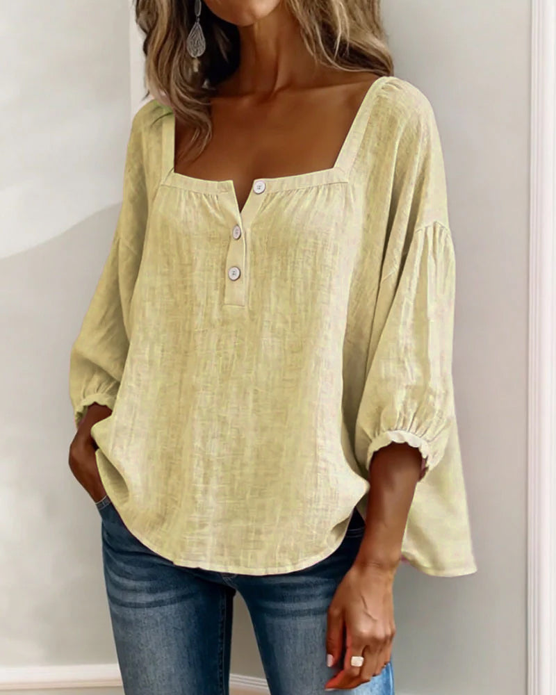 Blouse en lin mélangé à encolure carrée pour femme