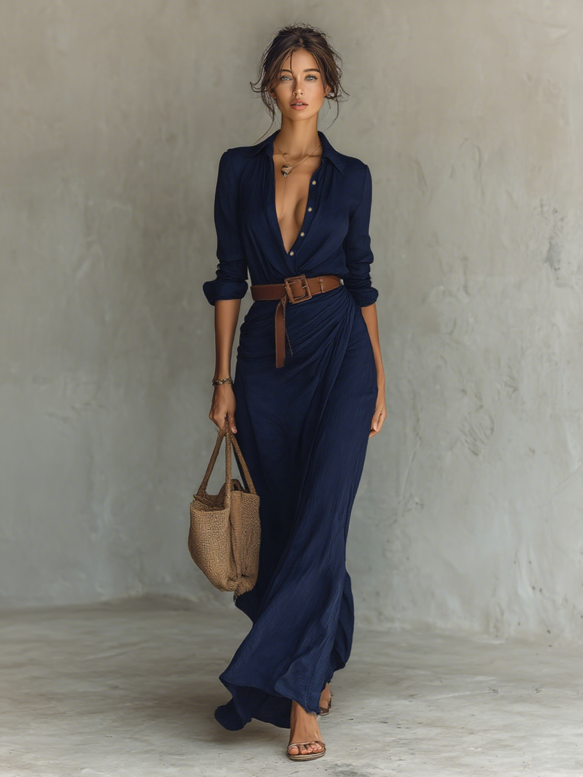 Robe Longue Femme Fluide En Polyester Col À Revers