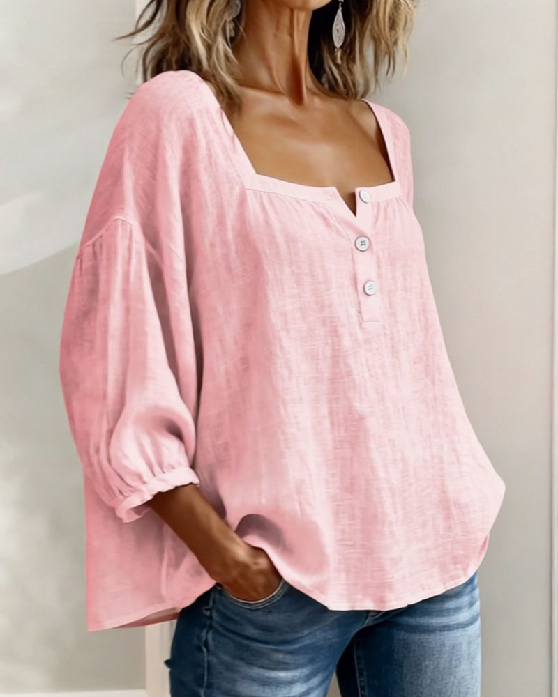 Blouse en lin mélangé à encolure carrée pour femme