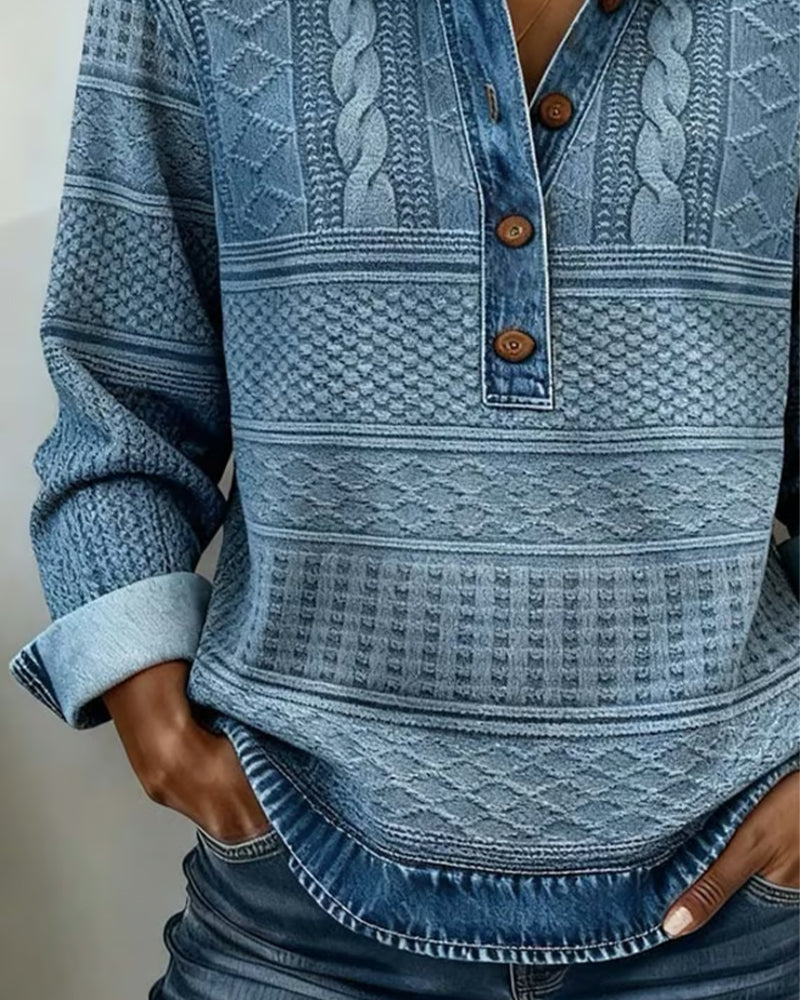 Pull Femme En Maille Effet Denim À Col Polo Boutonné