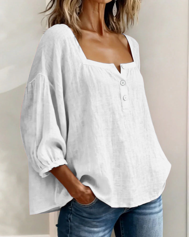 Blouse en lin mélangé à encolure carrée pour femme