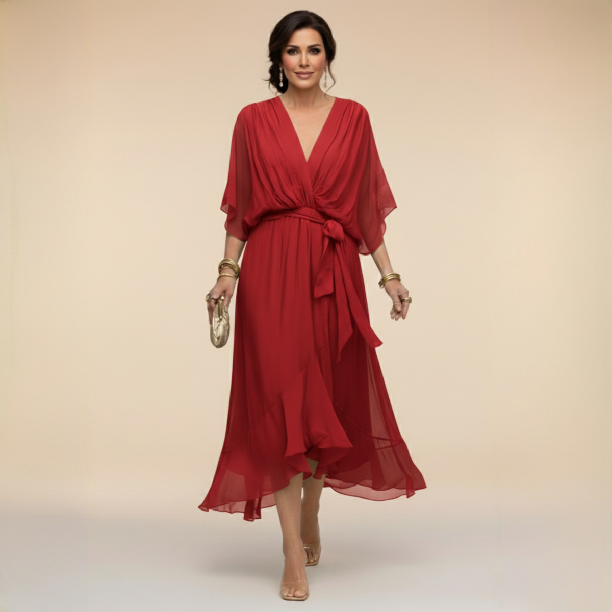 Robe en chiffon fluide col V ceinturée pour femme