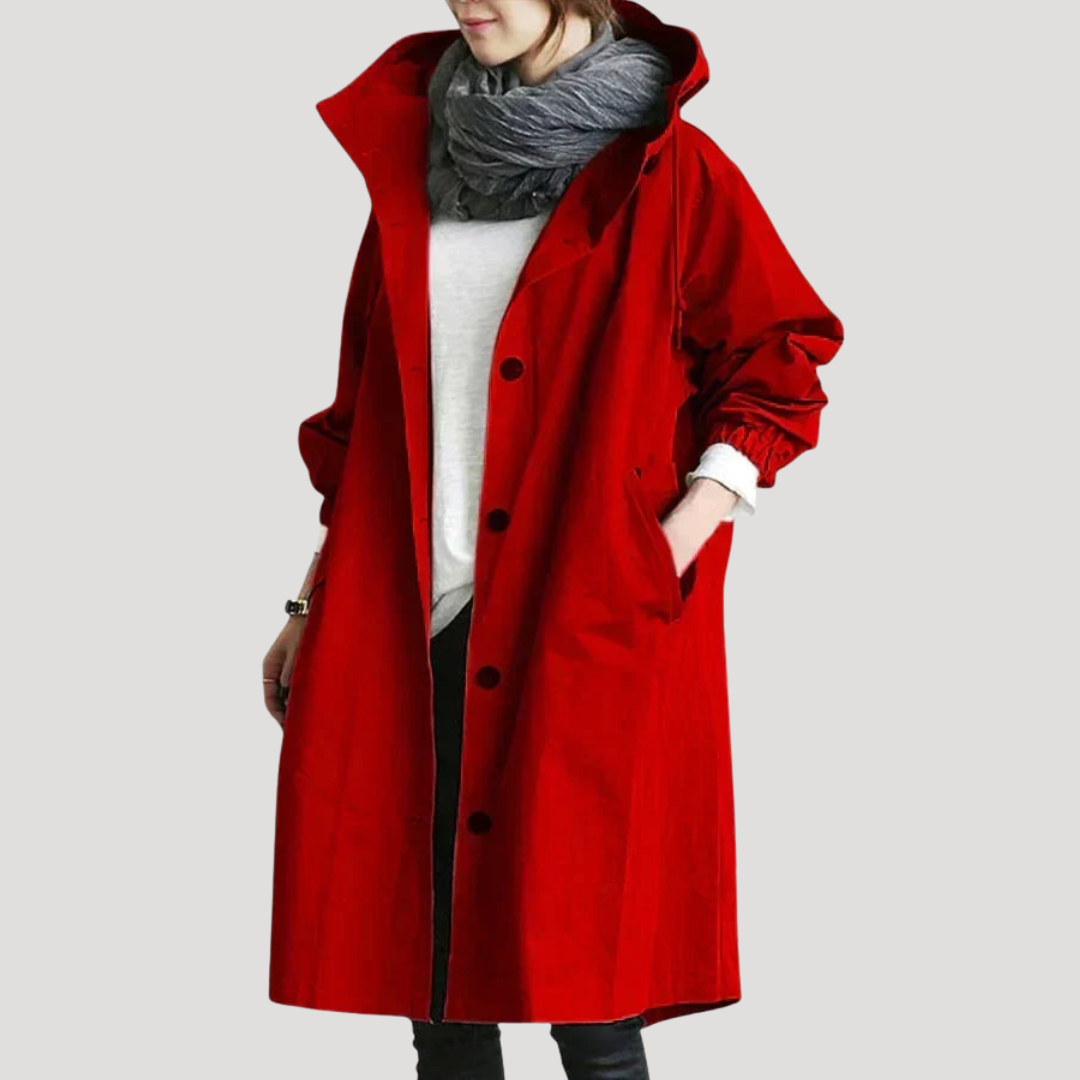 Manteau Long Femme Boutonné À Capuche Ajustable