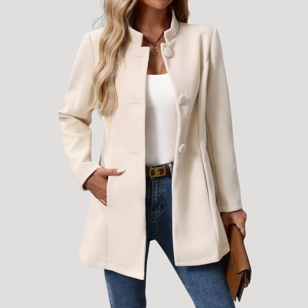 Manteau Femme Mi-Long Col Montant Poches Passepoilées