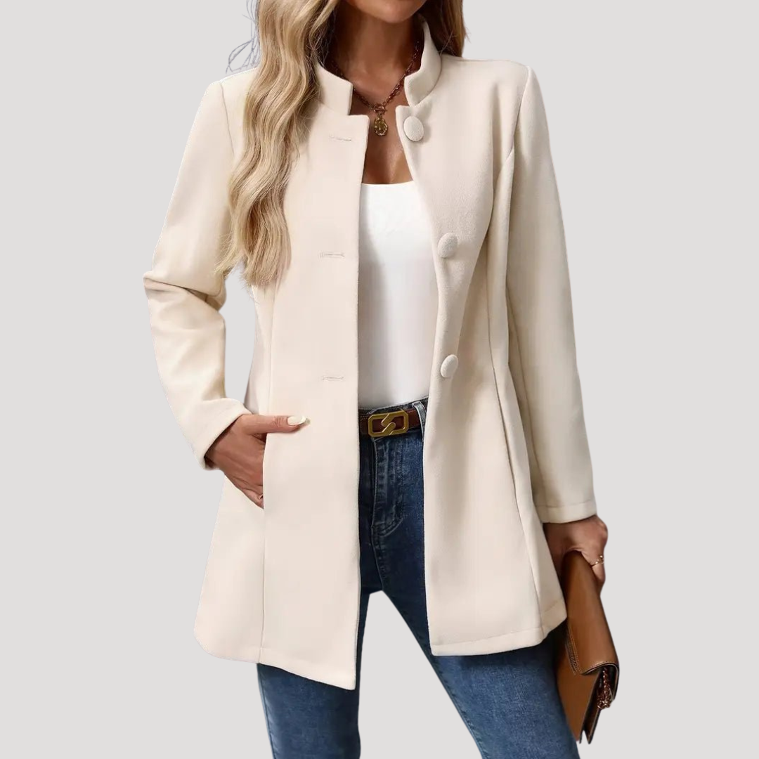 Manteau Femme Mi-Long Col Montant Poches Passepoilées