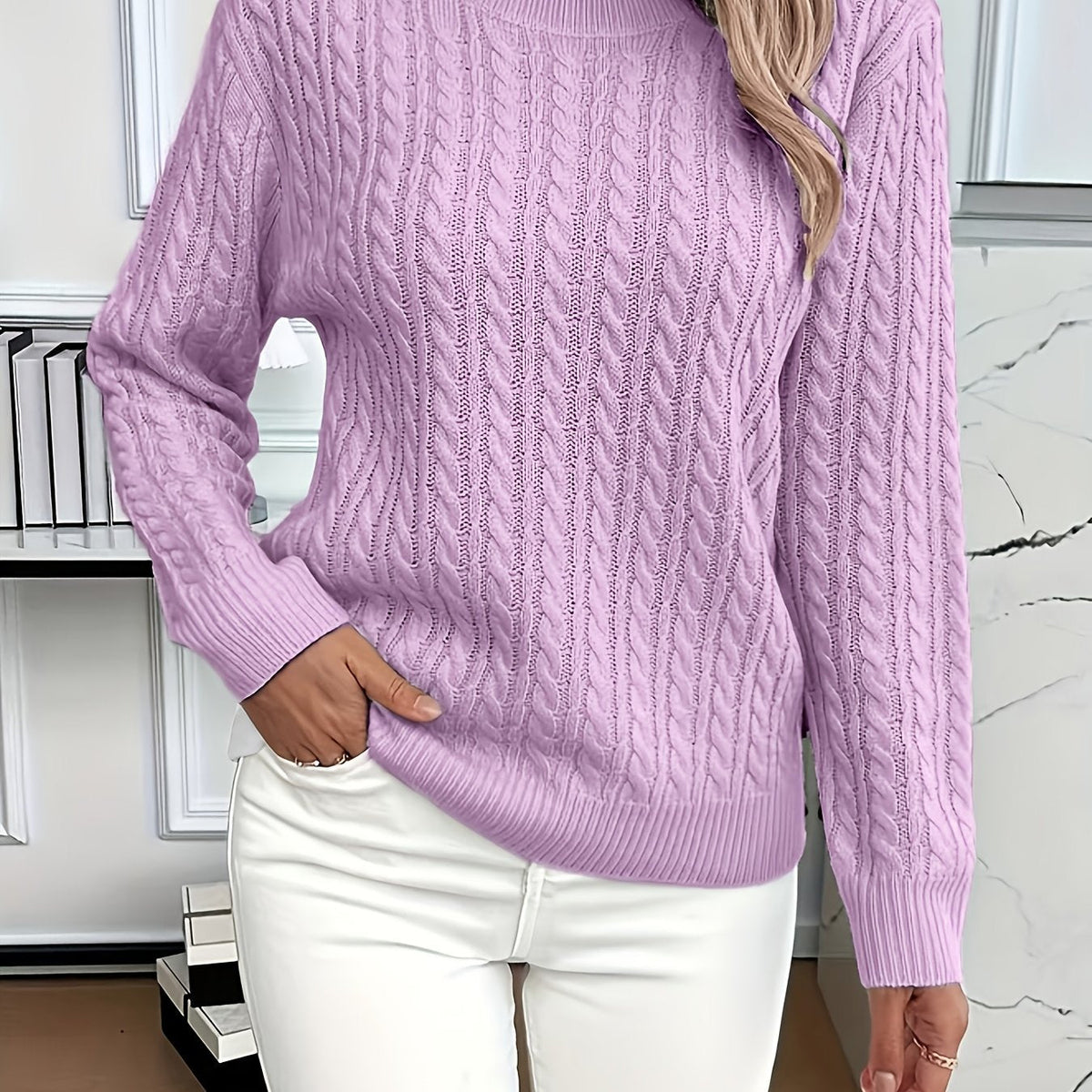 Pull Femme En Maille Torsadée À Col Rond