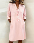 Robe Lin Femme À Col V Et Volants Manches Longues