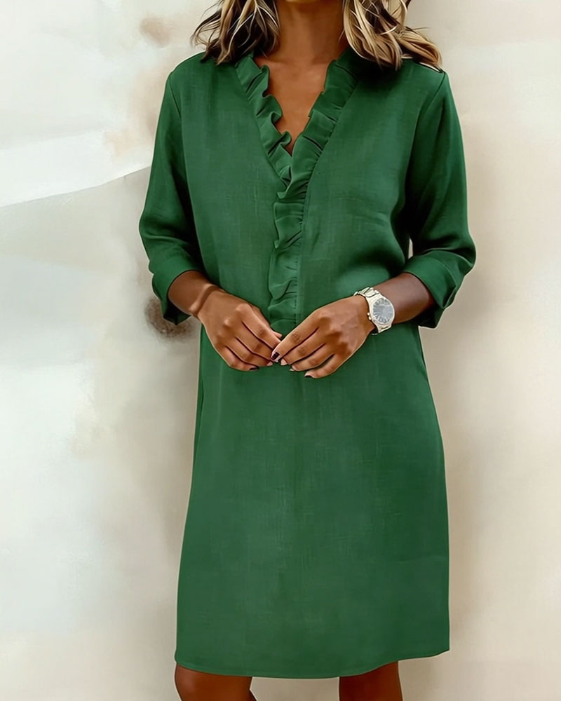 Robe Lin Femme À Col V Et Volants Manches Longues