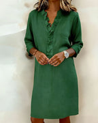 Robe Lin Femme À Col V Et Volants Manches Longues