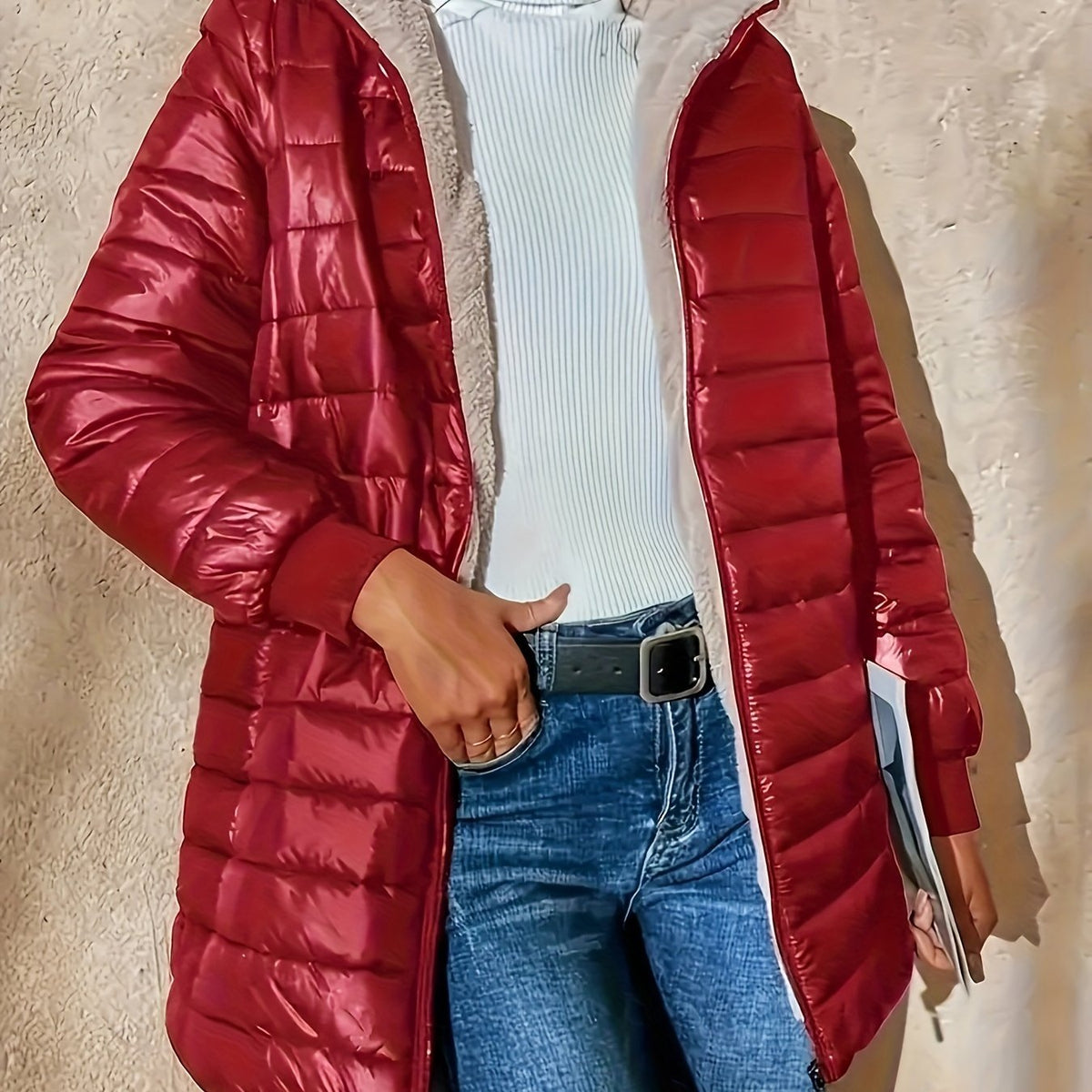 Manteau long matelassé zippé à doublure peluche pour femme