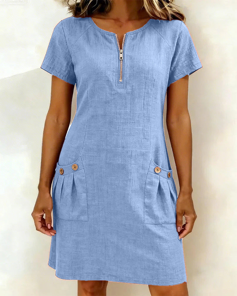 Robe courte coupe A-line en coton et lin à fermeture zippée pour femme