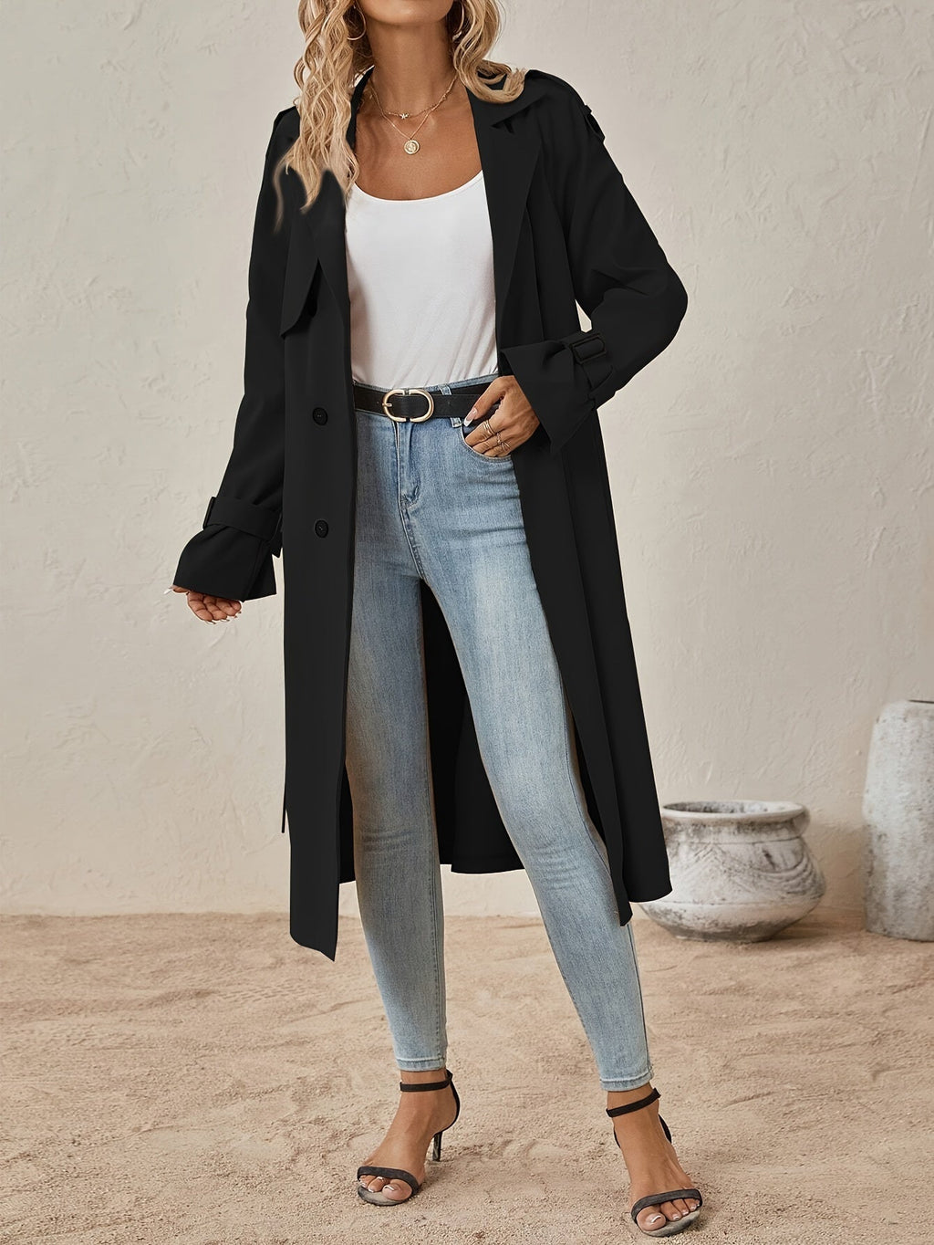 Trench Long Femme En Coton Mélangé À Taille Ajustée