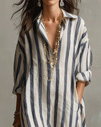 Robe maxi rayée à col revers et manches longues pour femme