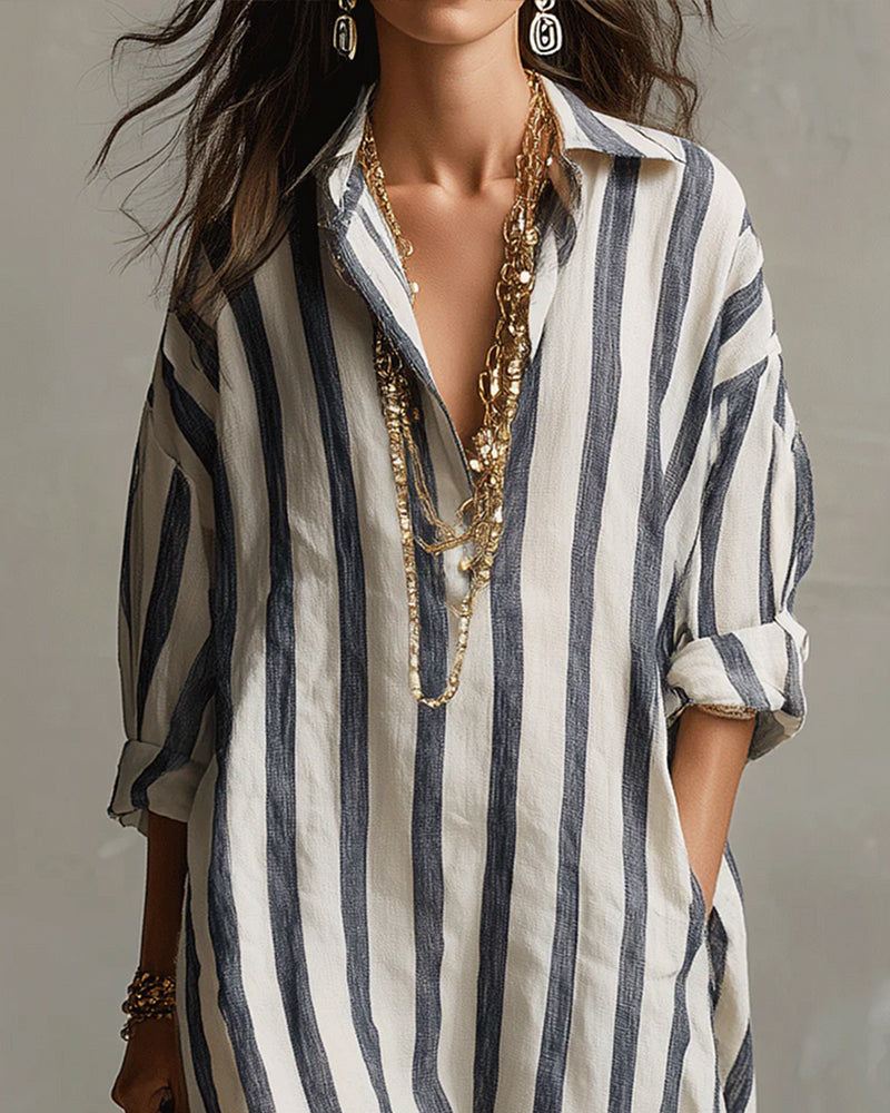 Robe maxi rayée à col revers et manches longues pour femme