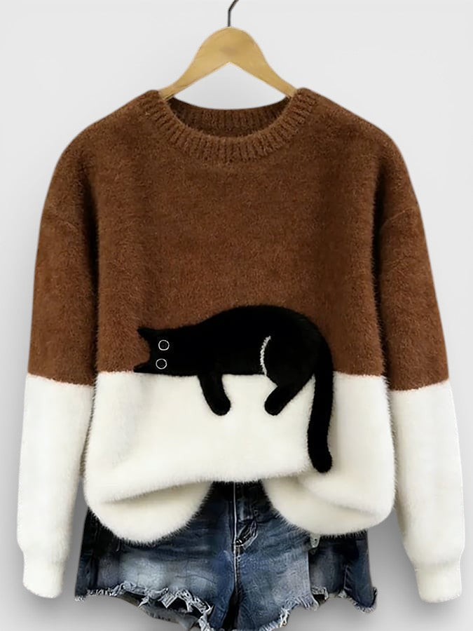 Pull Femme En Coton À Imprimé Chat Et Coupe Ample