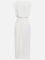 Robe midi unie décolleté rond et fente boutonnée pour femme