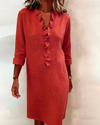 Robe Lin Femme À Col V Et Volants Manches Longues