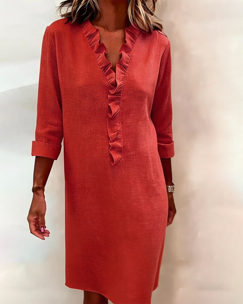 Robe Lin Femme À Col V Et Volants Manches Longues