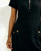 Robe courte coupe A-line en coton et lin à fermeture zippée pour femme