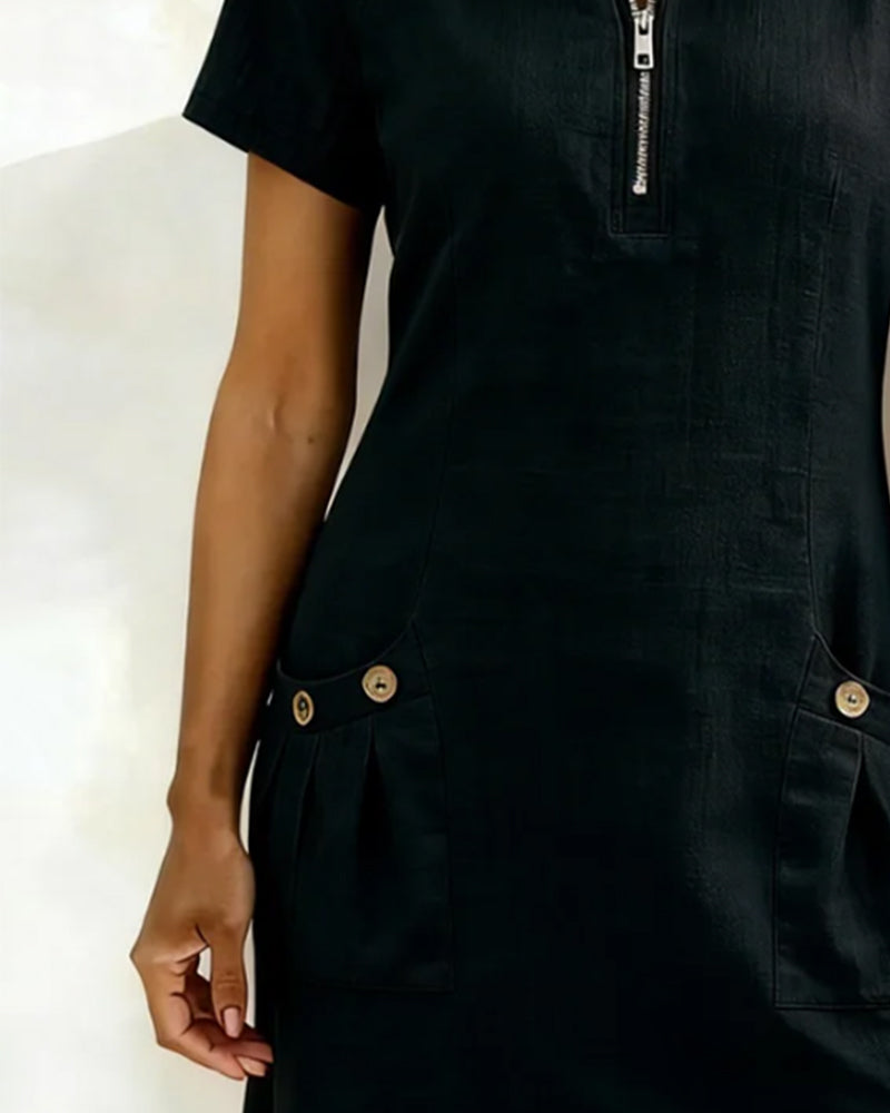 Robe courte coupe A-line en coton et lin à fermeture zippée pour femme
