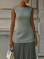 Robe longue plissée sans manches pour femme