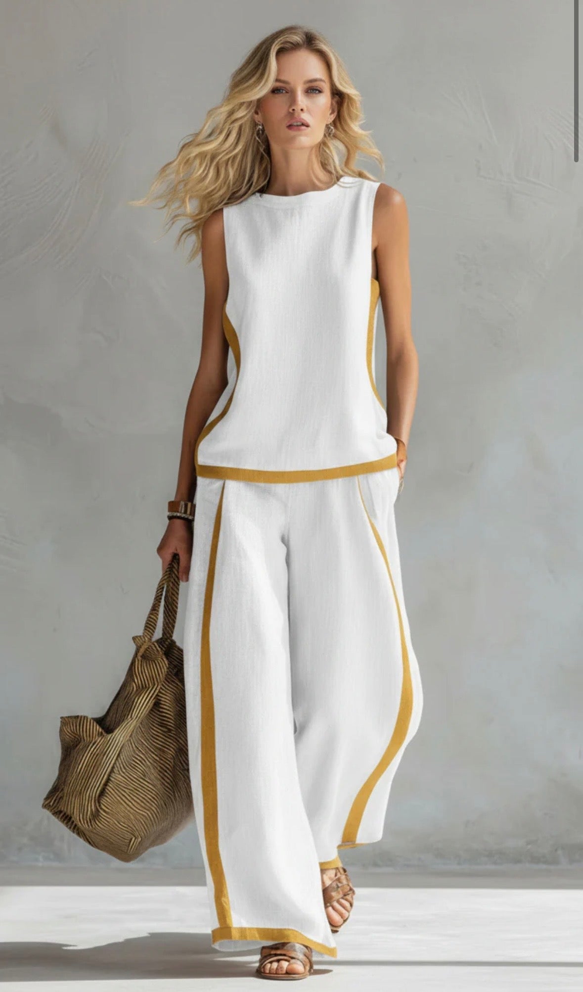 Ensemble haut sans manches et pantalon large en coton et lin pour femme