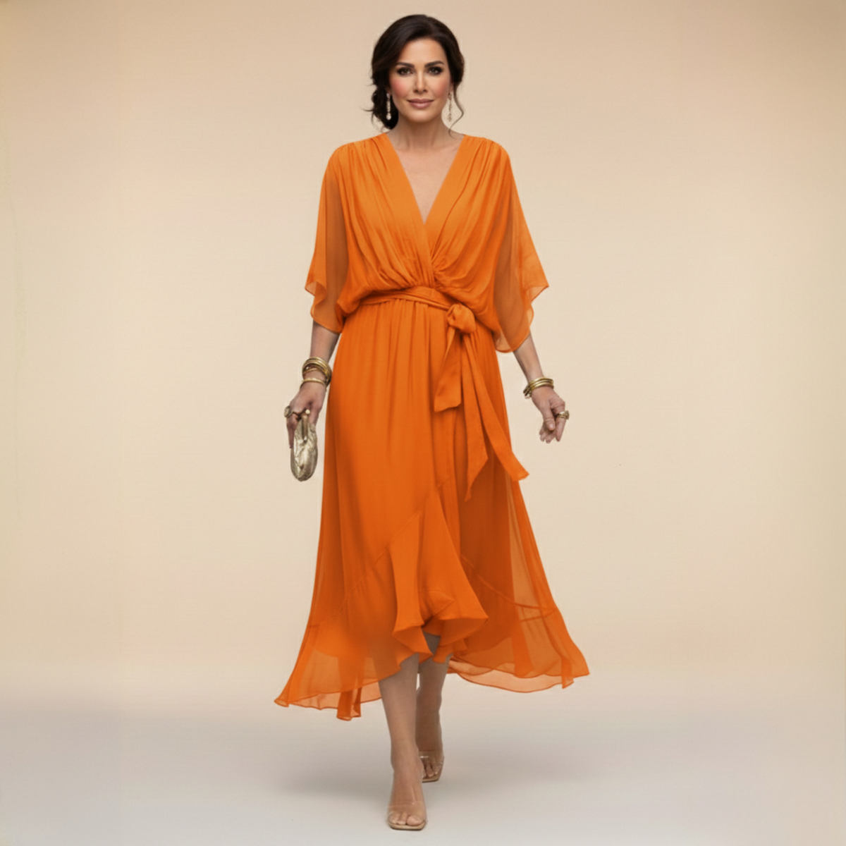 Robe en chiffon fluide col V ceinturée pour femme