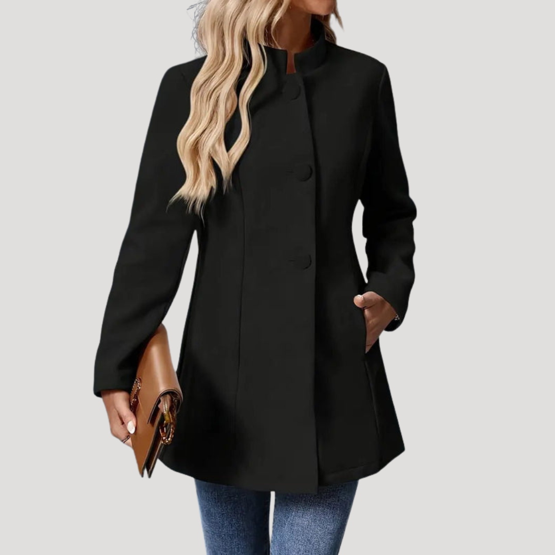 Manteau Femme Mi-Long Col Montant Poches Passepoilées