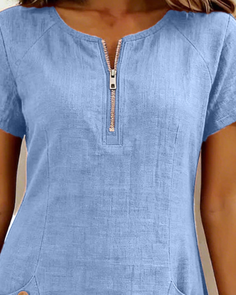 Robe courte coupe A-line en coton et lin à fermeture zippée pour femme