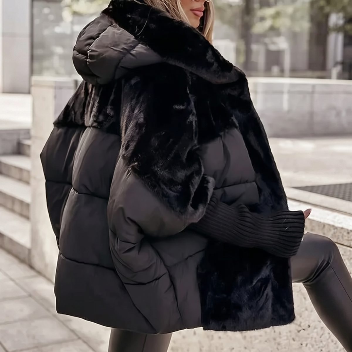 Manteau à capuche en fausse fourrure et empiècements matelassés pour femme
