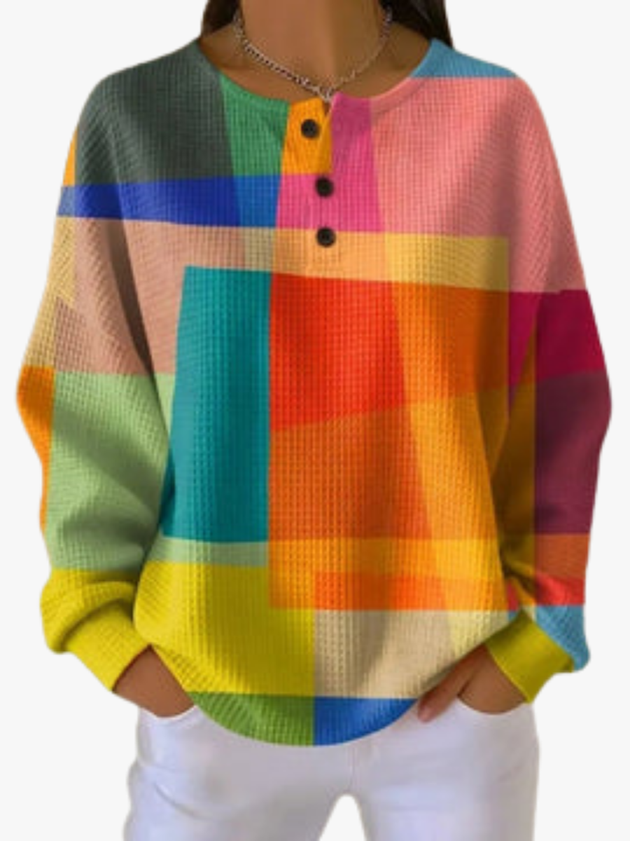 Pull Femme Imprimé À Boutons Et Col Rond En Coton Mélangé