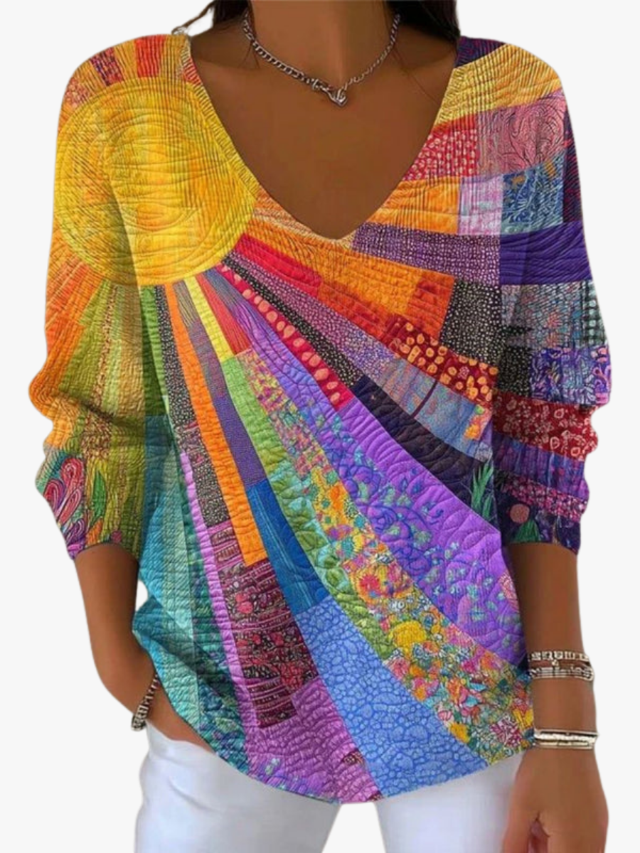 Pull Femme Imprimé À Col V En Maille De Coton Mélangé