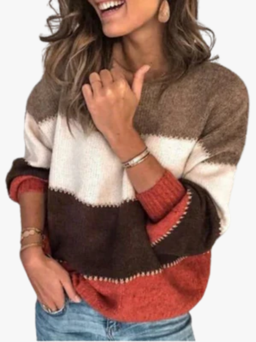Pull Femme En Maille Épaisse Patchwork Rayé À Col Rond