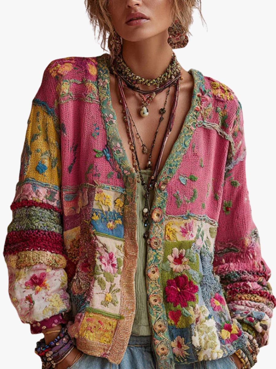 Gilet Femme En Maille Patchwork Floral À Col V