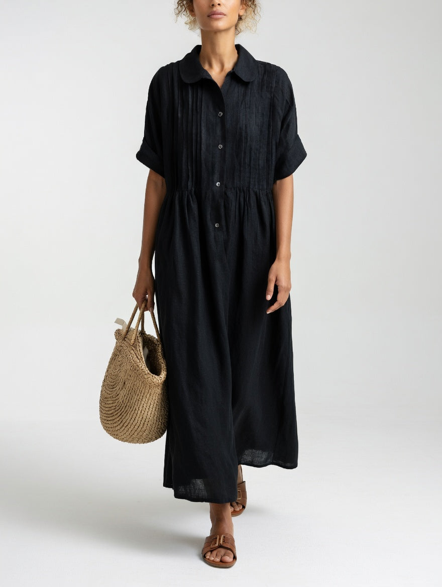 Robe Chemisier Longue Femme En Coton À Manches Courtes
