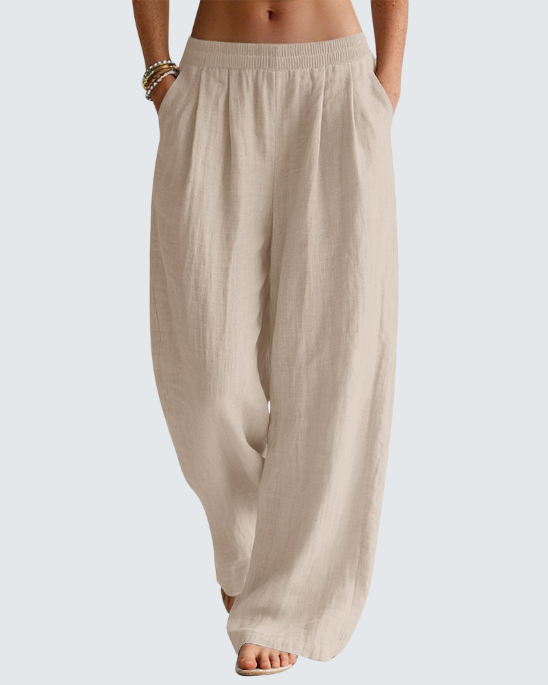 Pantalon Large Femme En Lin Et Coton Taille Élastique