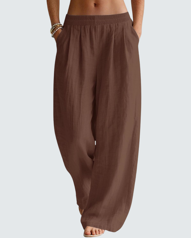 Pantalon Large Femme En Lin Et Coton Taille Élastique