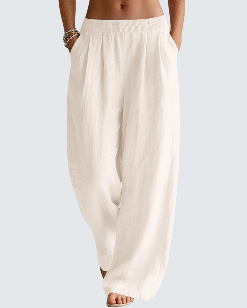 Pantalon Large Femme En Lin Et Coton Taille Élastique